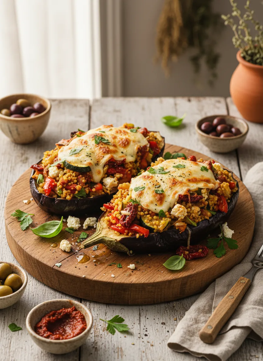 Berenjenas rellenas de mijo y verduras asadas