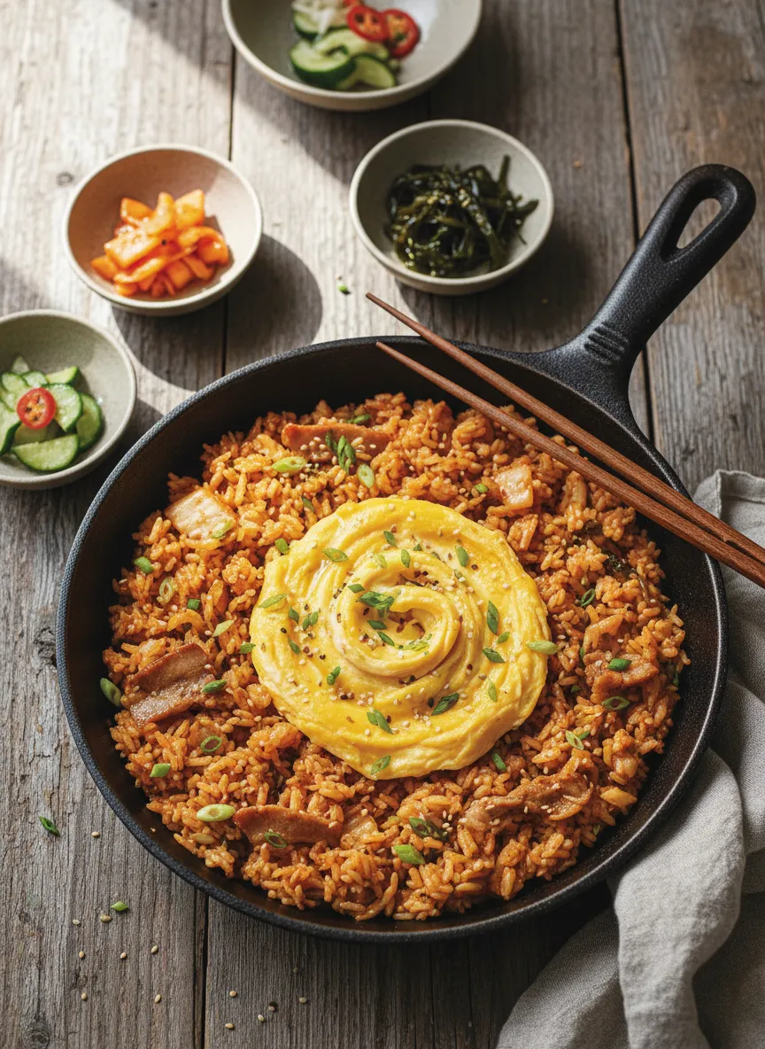 Arroz frito coreano con kimchi y huevos revueltos