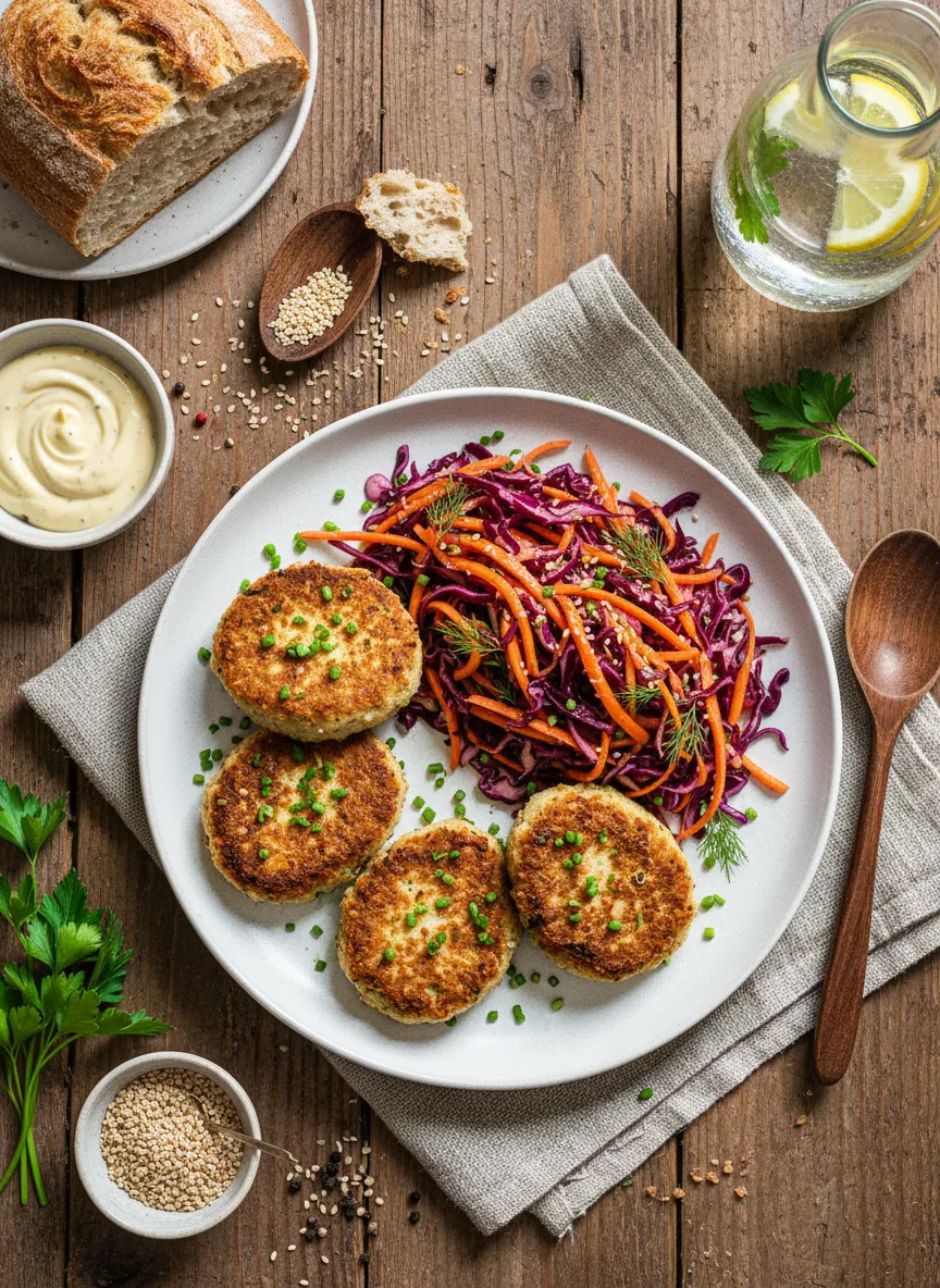 Tortitas de tofu con ensalada de lombarda y zanahoria