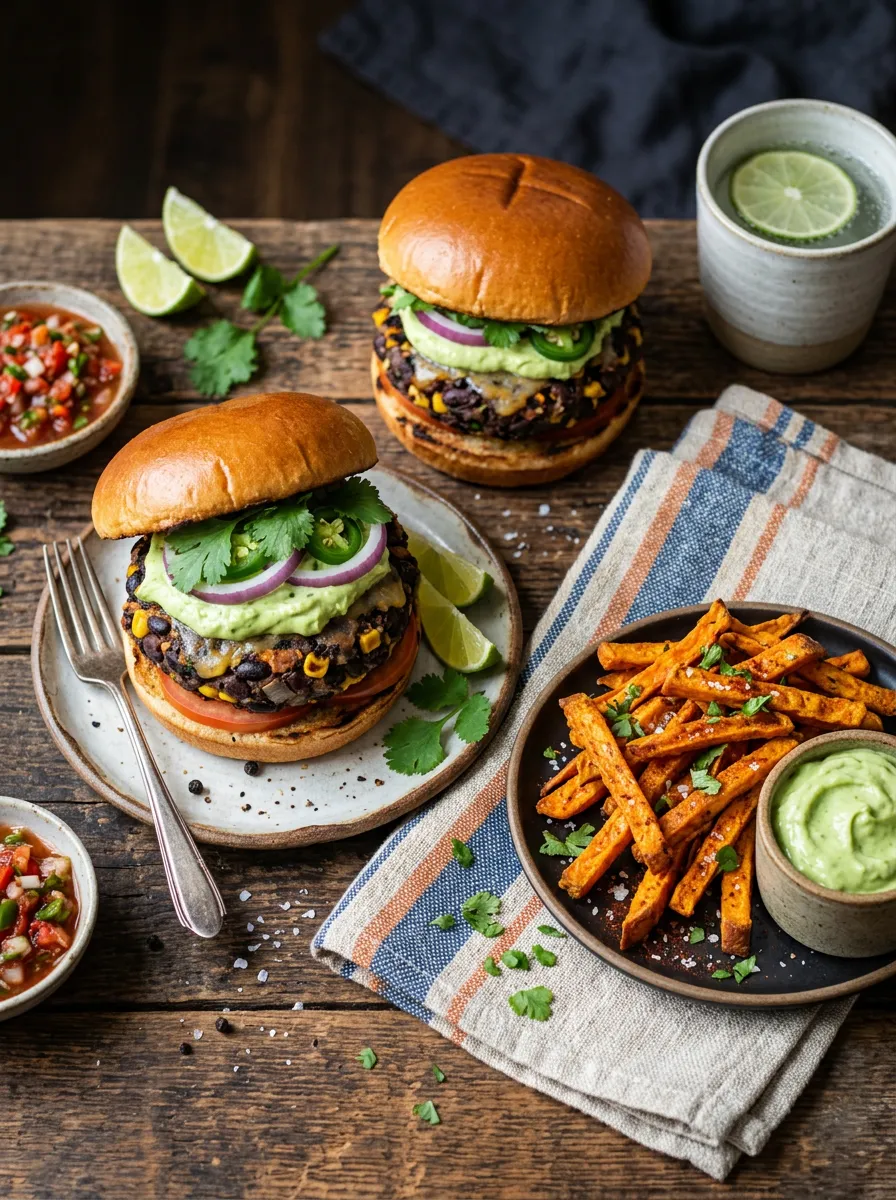 Hamburguesas picantes de alubias negras con crema de aguacate y batatas fritas