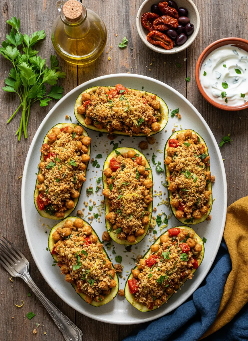 Barquitos de calabacín rellenos de garbanzos al estilo mediterráneo