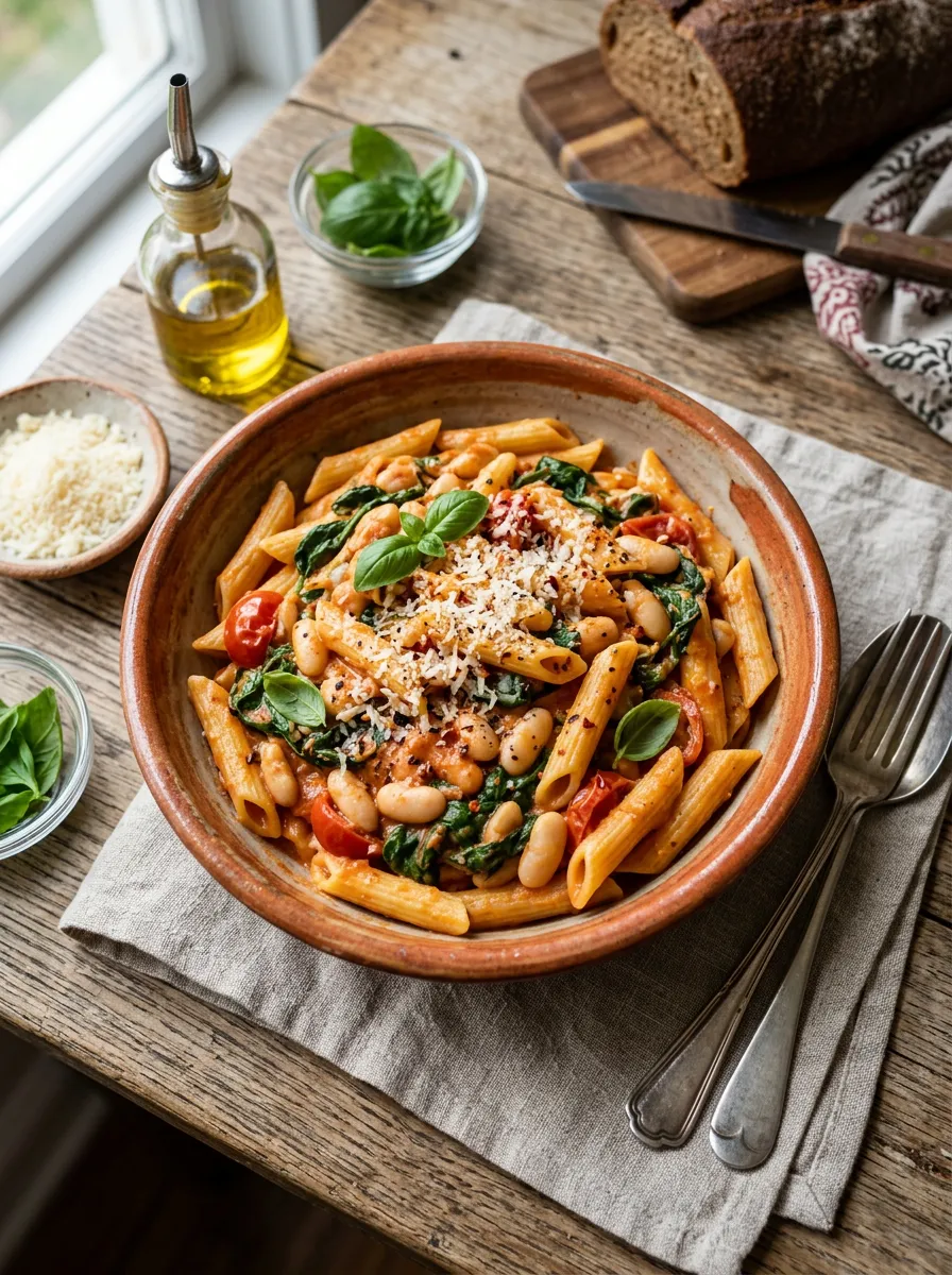 Pasta Cremosa de Tomate con Espinacas y Alubias Blancas