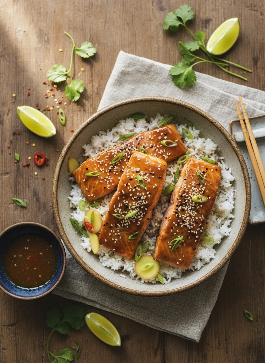 Salmón glaseado con soja y jengibre al estilo asiático