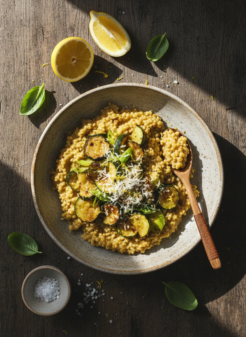 Risotto cremoso de mijo con calabacín y puerro asados