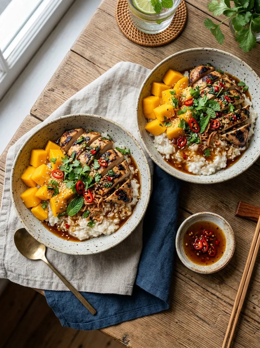 Cuencos de Pollo y Mango con Arroz Glutinoso