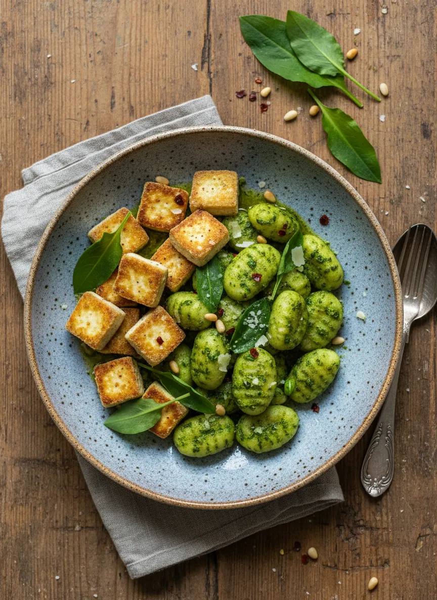 Tofu crujiente con gnocchi al pesto de ajo de oso