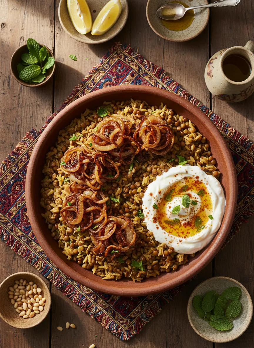Mujadara libanesa con yogur especiado