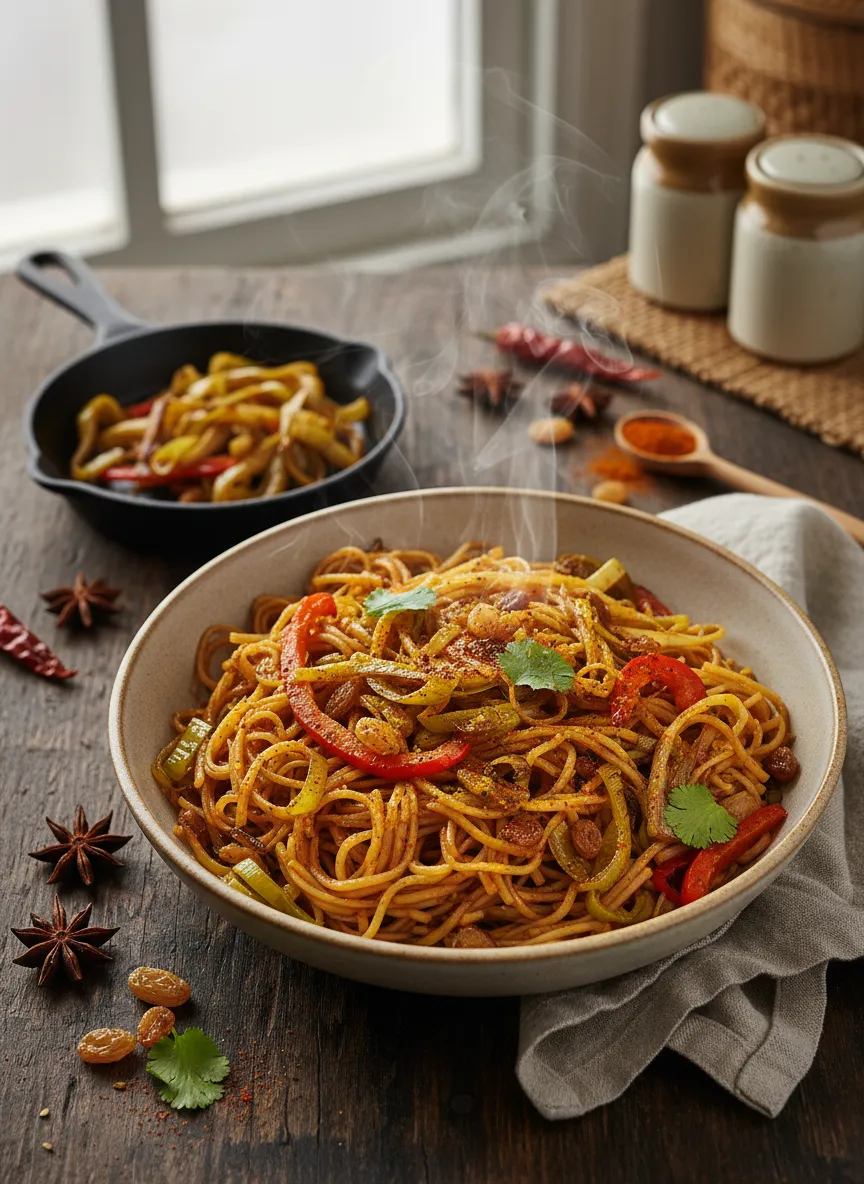 Salteado aromático de fideos de arroz con puerro y pimentón