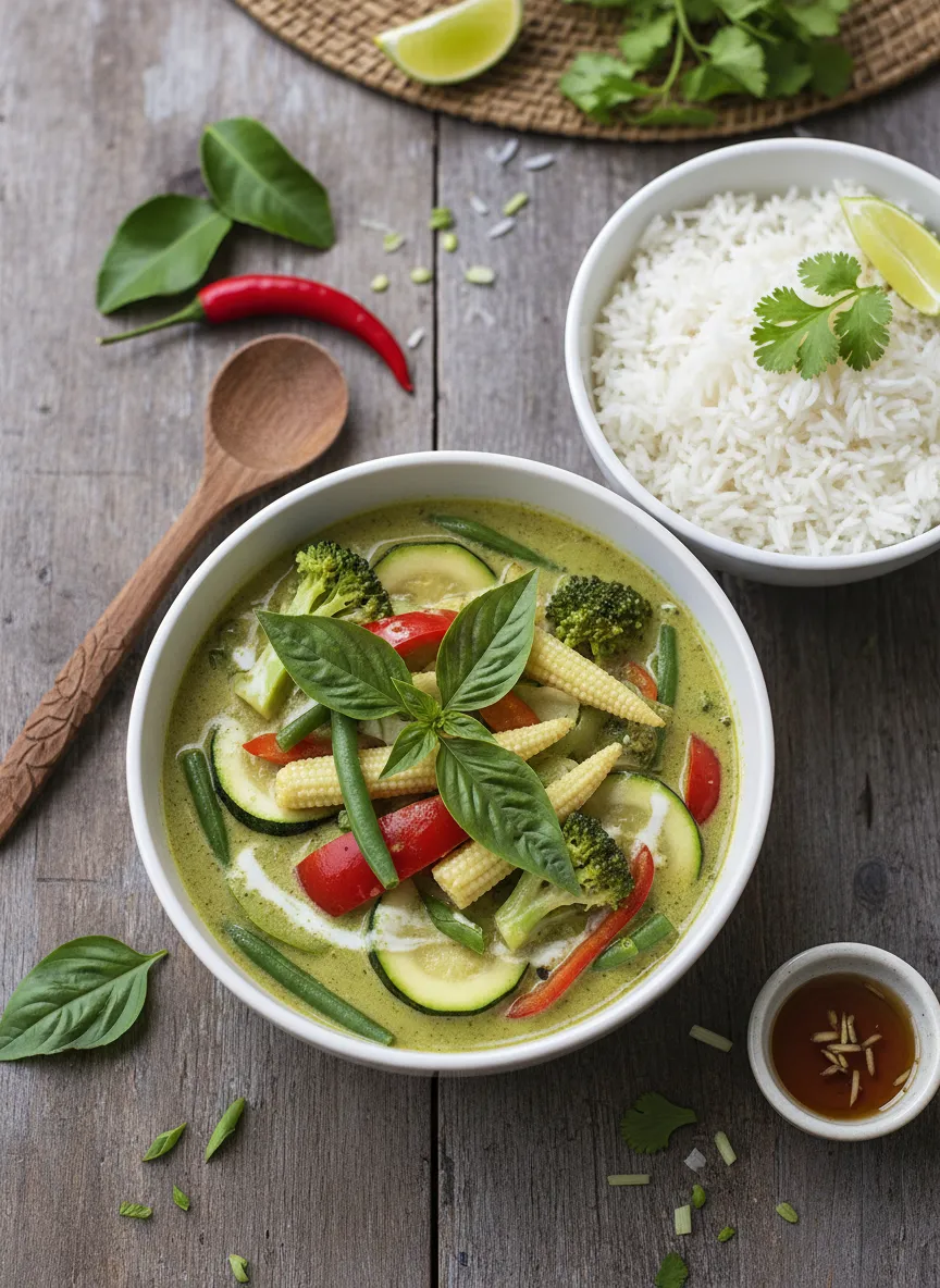 Curry verde tailandés con verduras y arroz jazmín