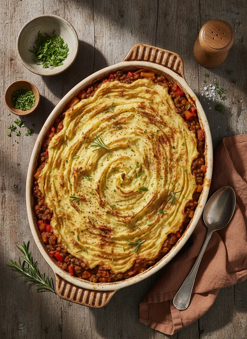 Pastel vegetariano de lentejas y pimientos