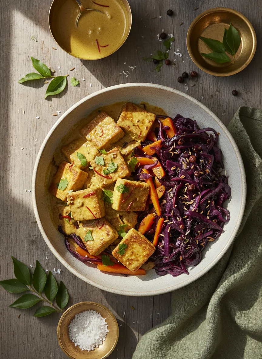 Tofu al curry con coco y lombarda glaseada