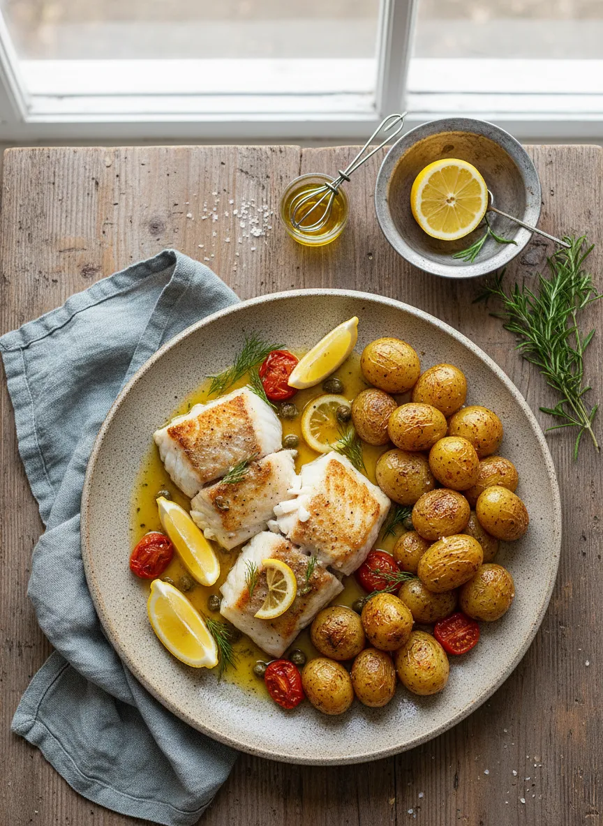 Pescado blanco al sartén con mantequilla de limón y papas rostizadas