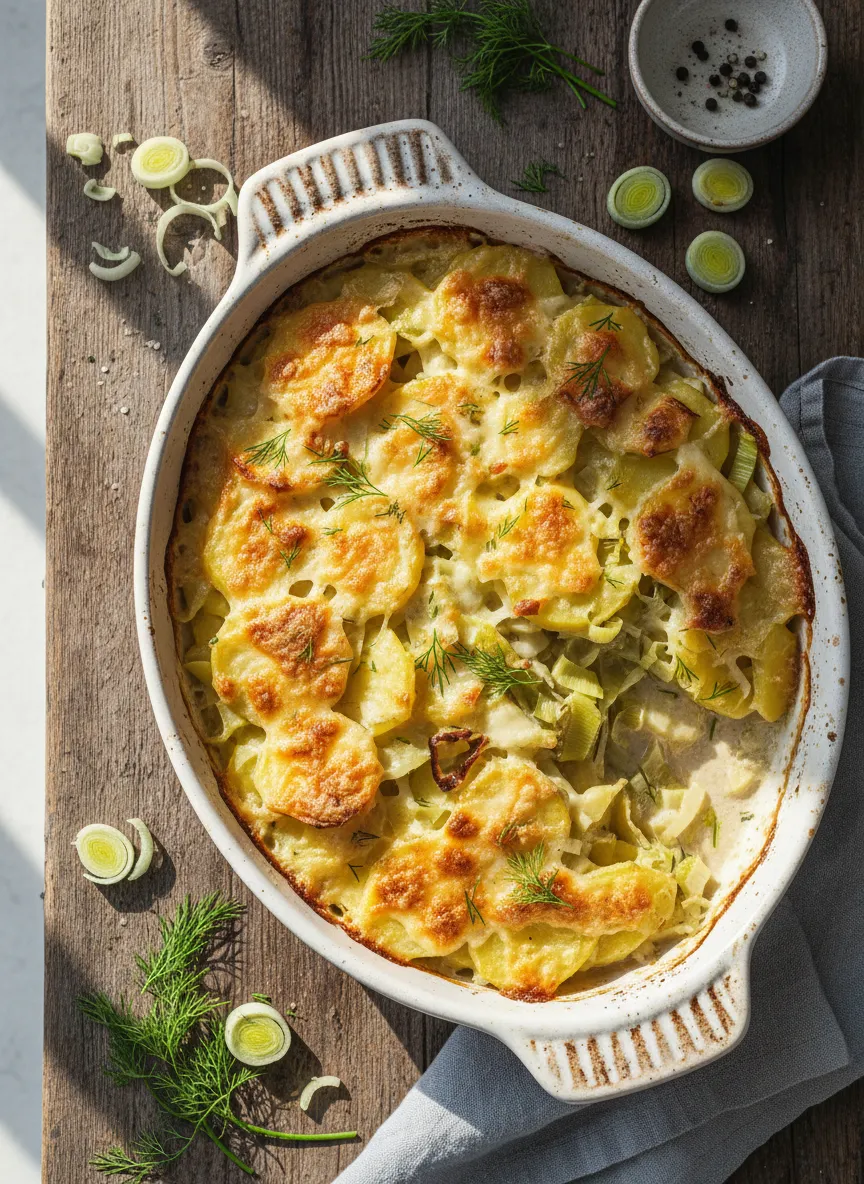 Gratén sueco de patata y puerro
