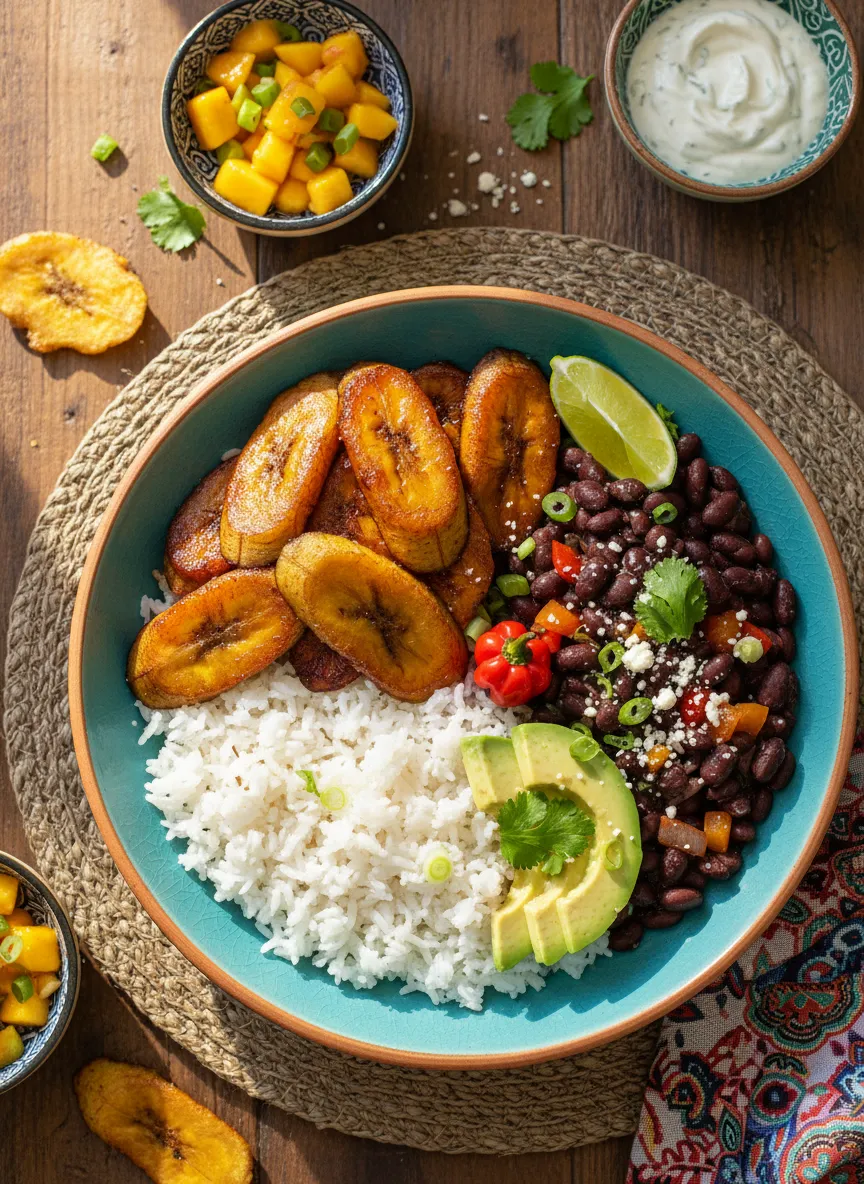 Bol caribeño de plátano macho y frijoles negros