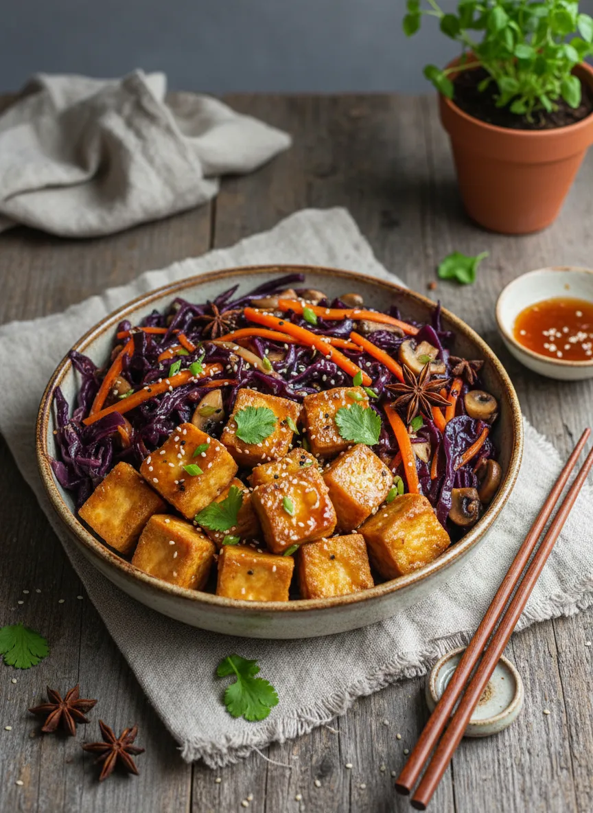 Tofu agridulce con col lombarda glaseada