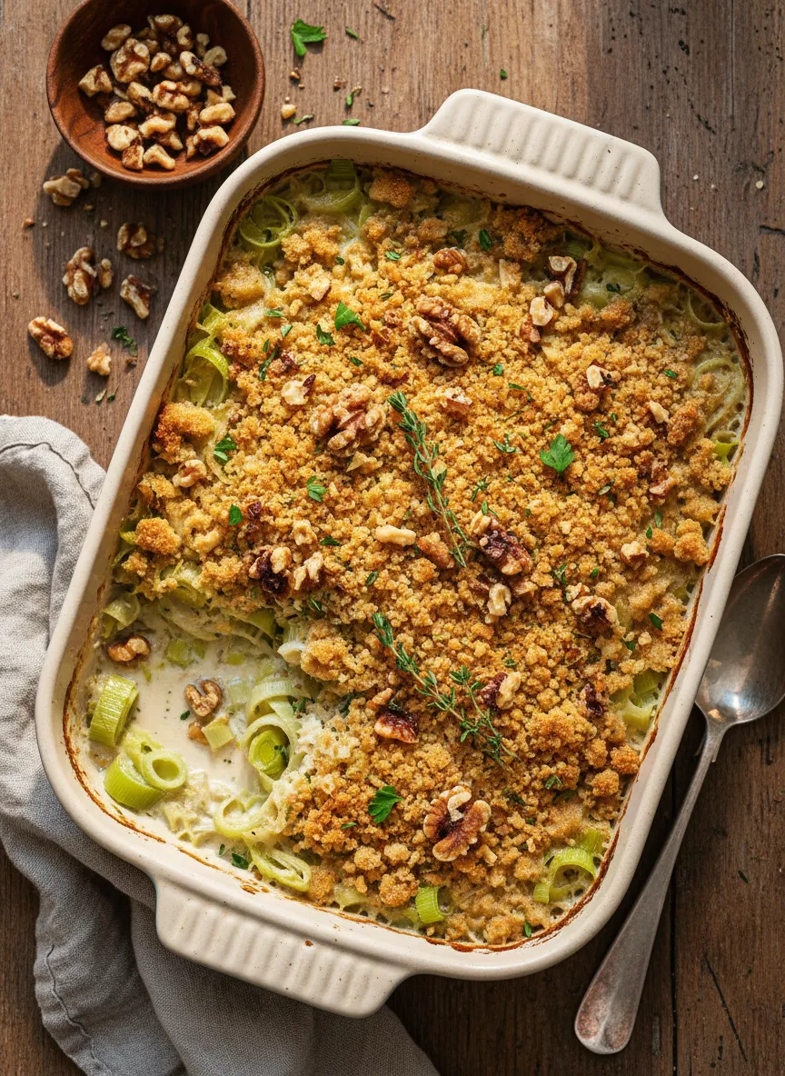 Gratinado de puerros cremoso con migas de nuez