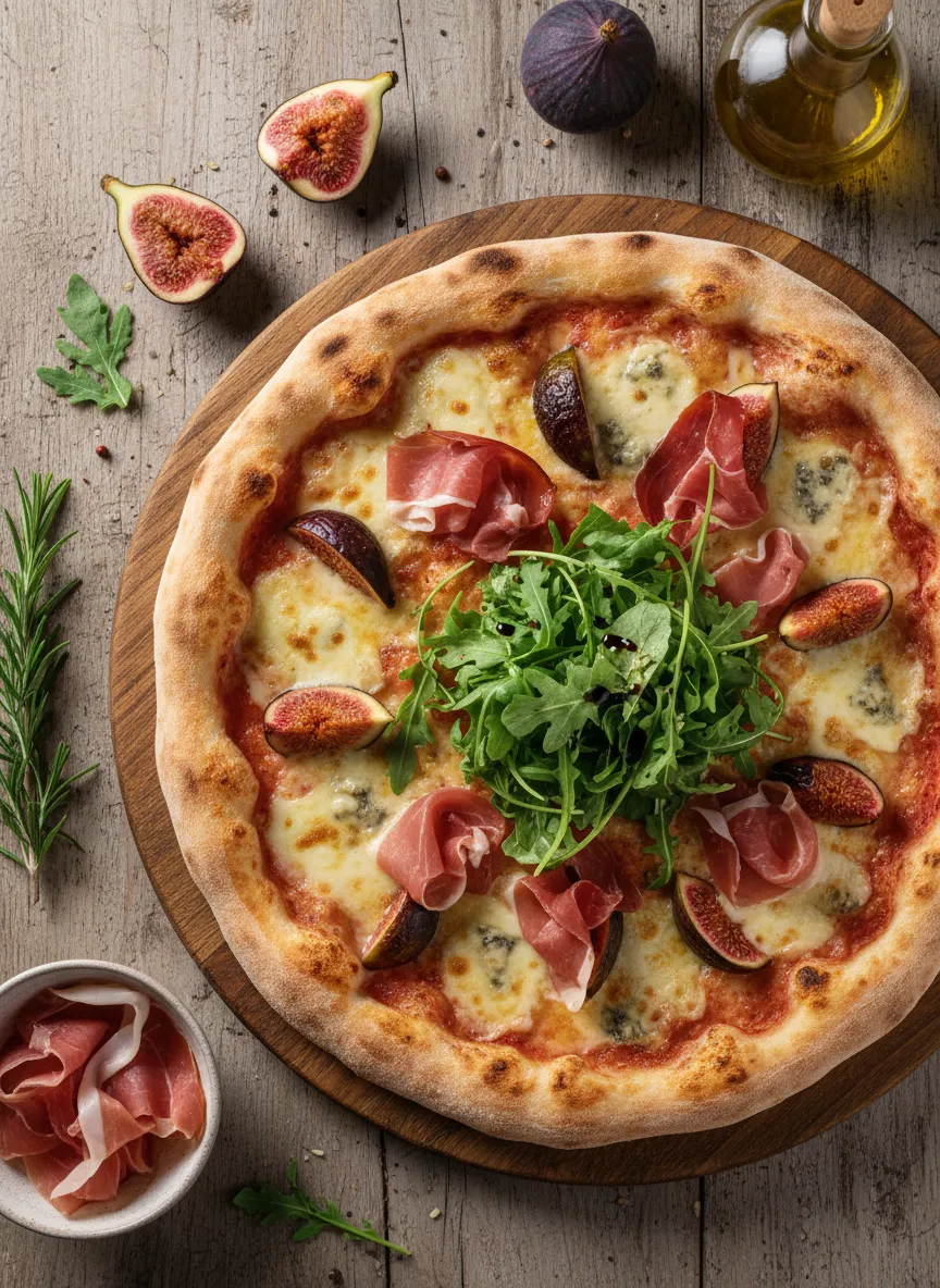 Pizza de prosciutto, higos y arúgula