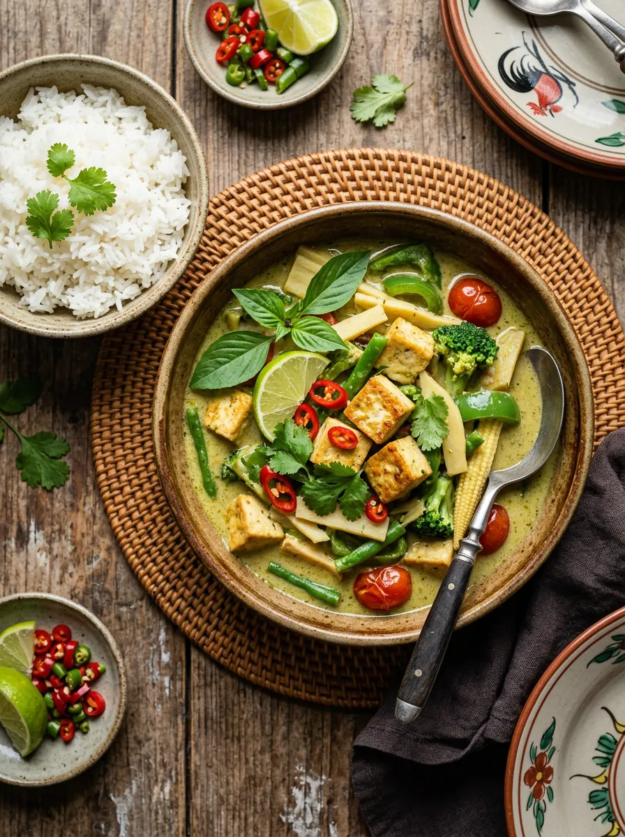 Curry verde tailandés con tofu y verduras