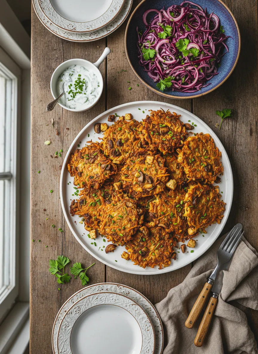 Tortitas crujientes de tofu y vegetales con ensalada de lombarda