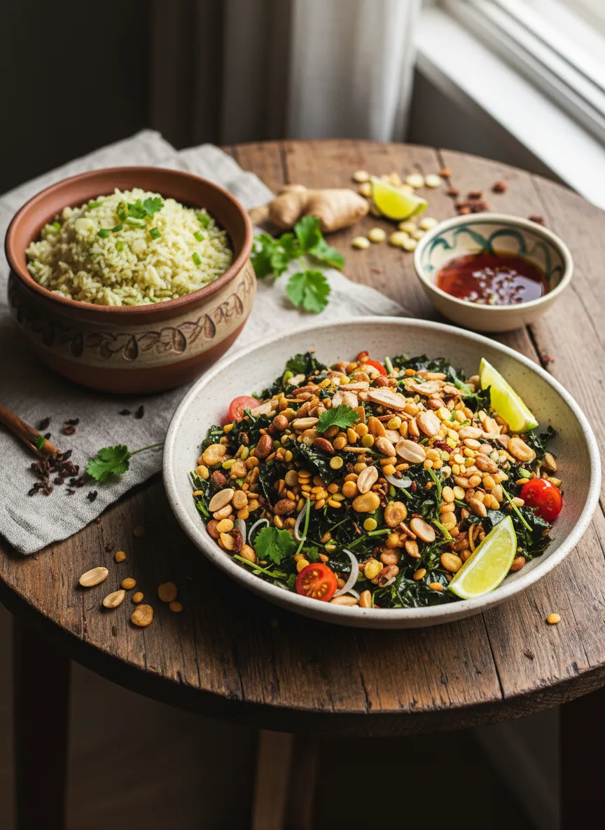 Ensalada birmana de hojas de té (Lahpet Thoke) con arroz aromático