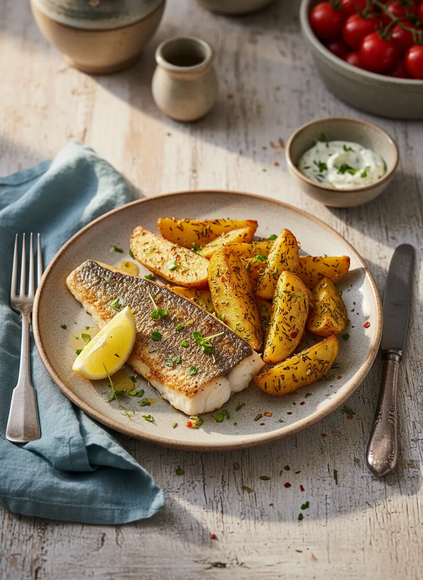 Lubina a la plancha con gajos de patata al horno