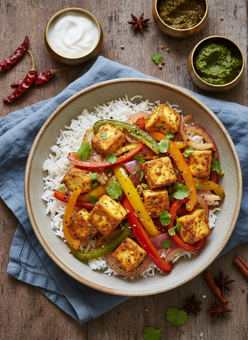 Salteado indio de paneer y pimientos