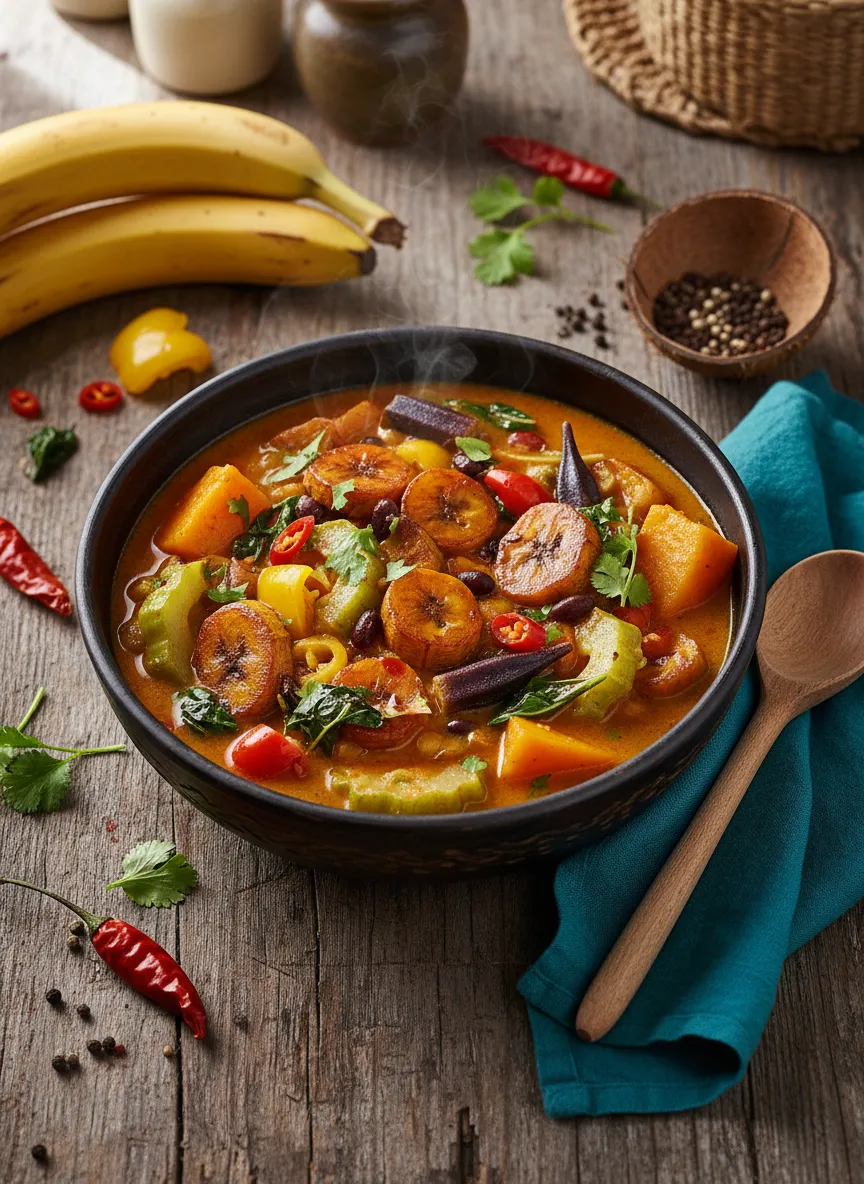 Guiso caribeño de verduras con plátano macho