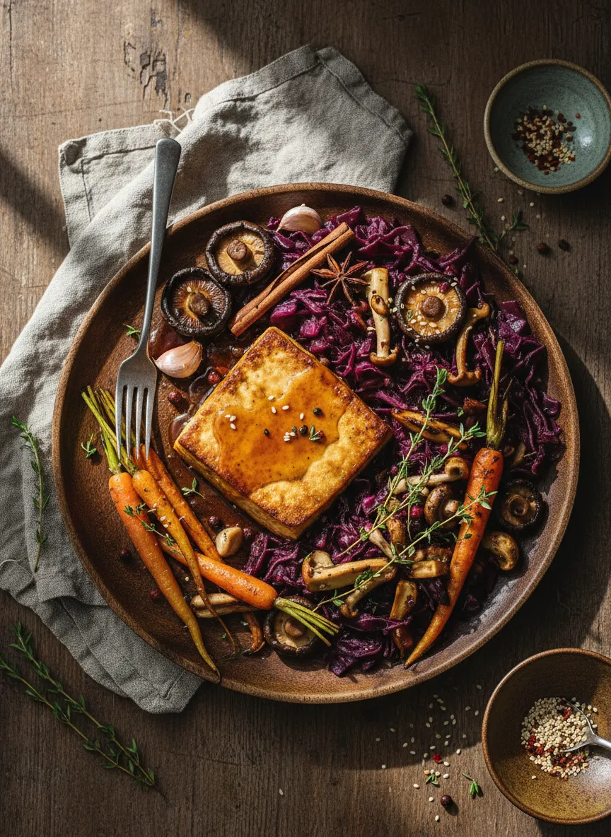 Tofu braseado con lombarda y salteado de hongos