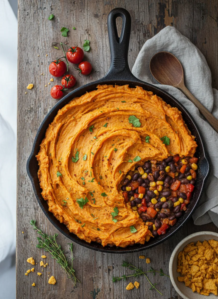 Pastel del pastor vegetariano de batata y frijoles negros