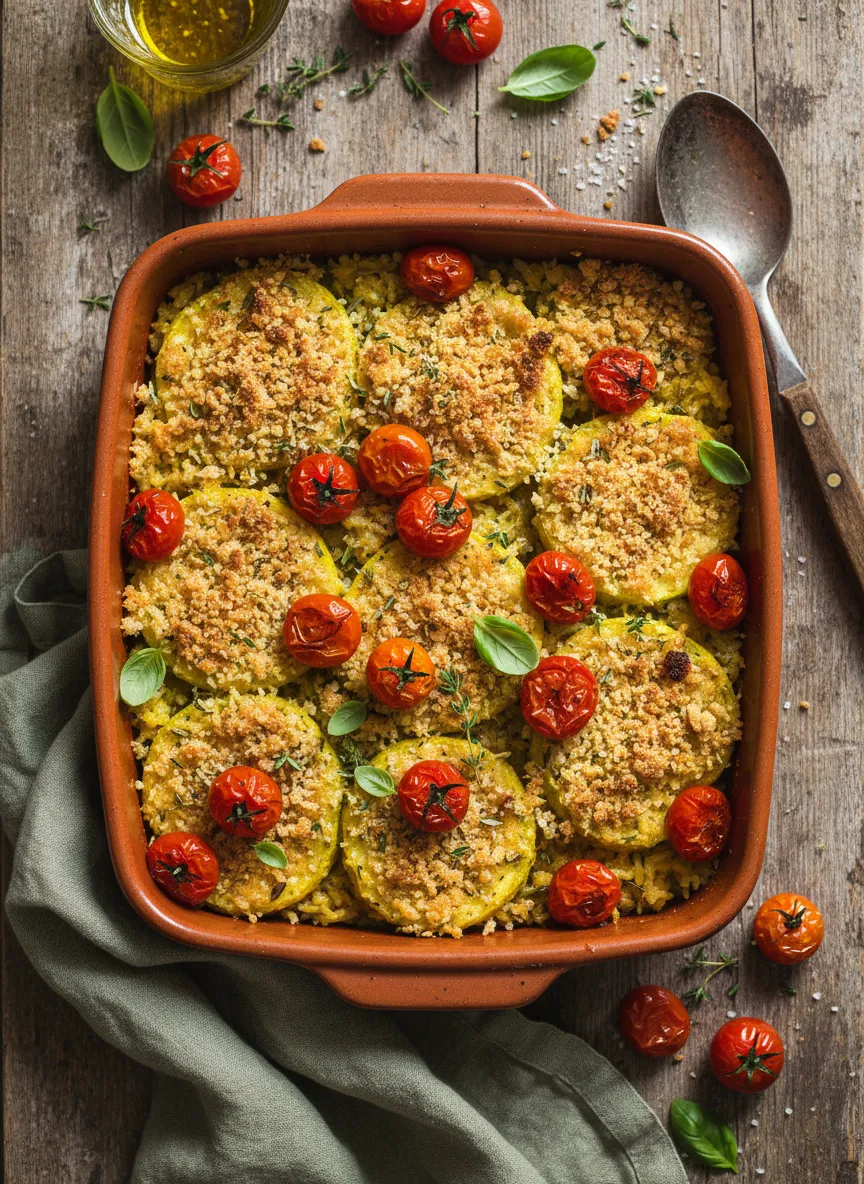 Gratinado rústico de arroz, calabacín y tomate