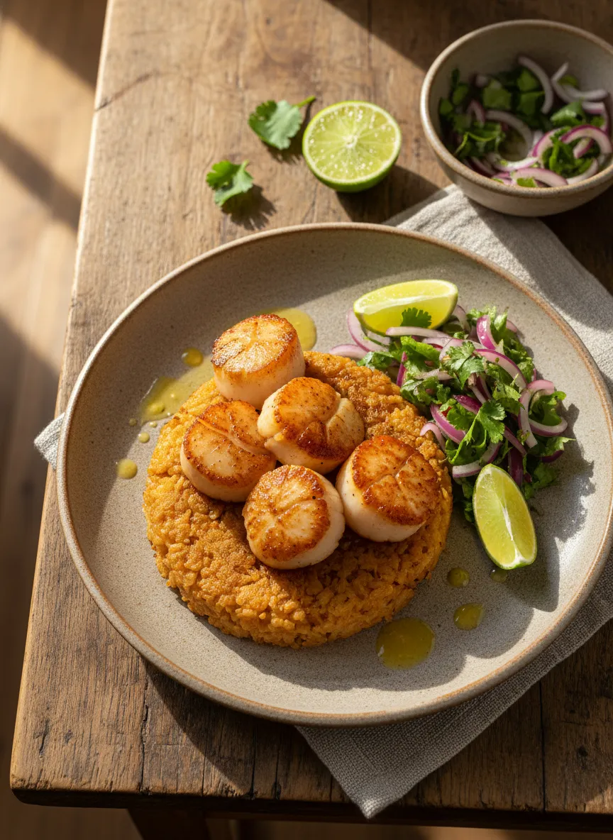 Tacu Tacu peruano con vieiras a la plancha