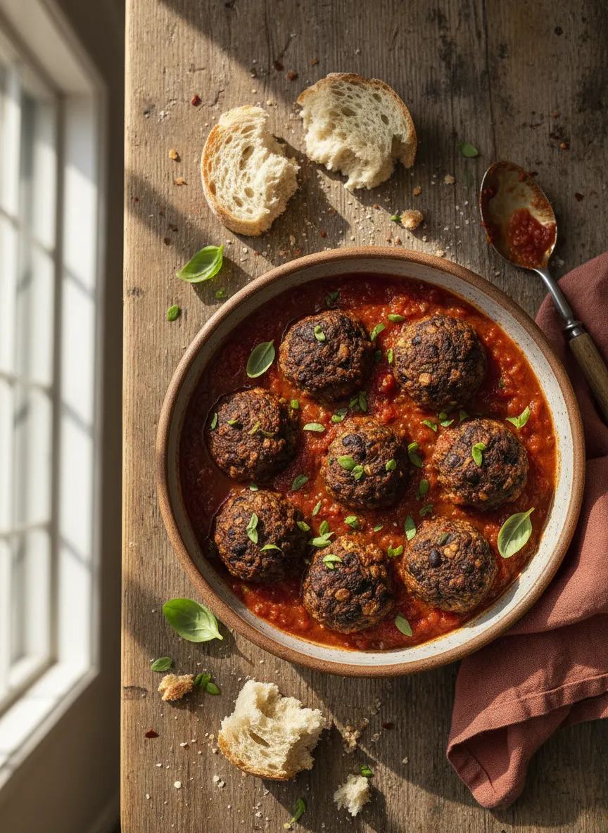 Albóndigas de alubias negras en salsa de tomate