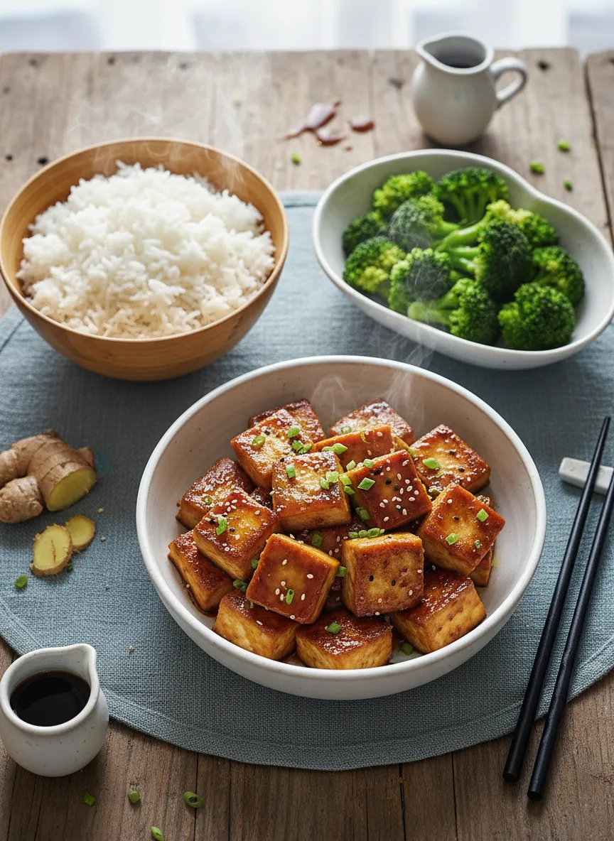 Tofu salteado con glaseado de jengibre y soja
