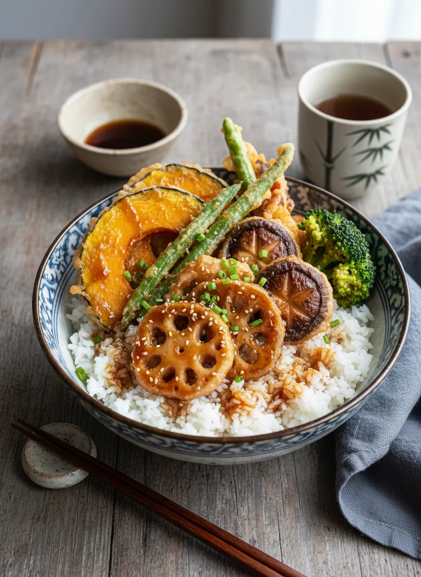 Donburi de tempura de verduras al estilo japonés