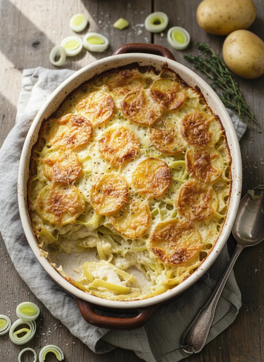 Gratinado cremoso de puerro y patata