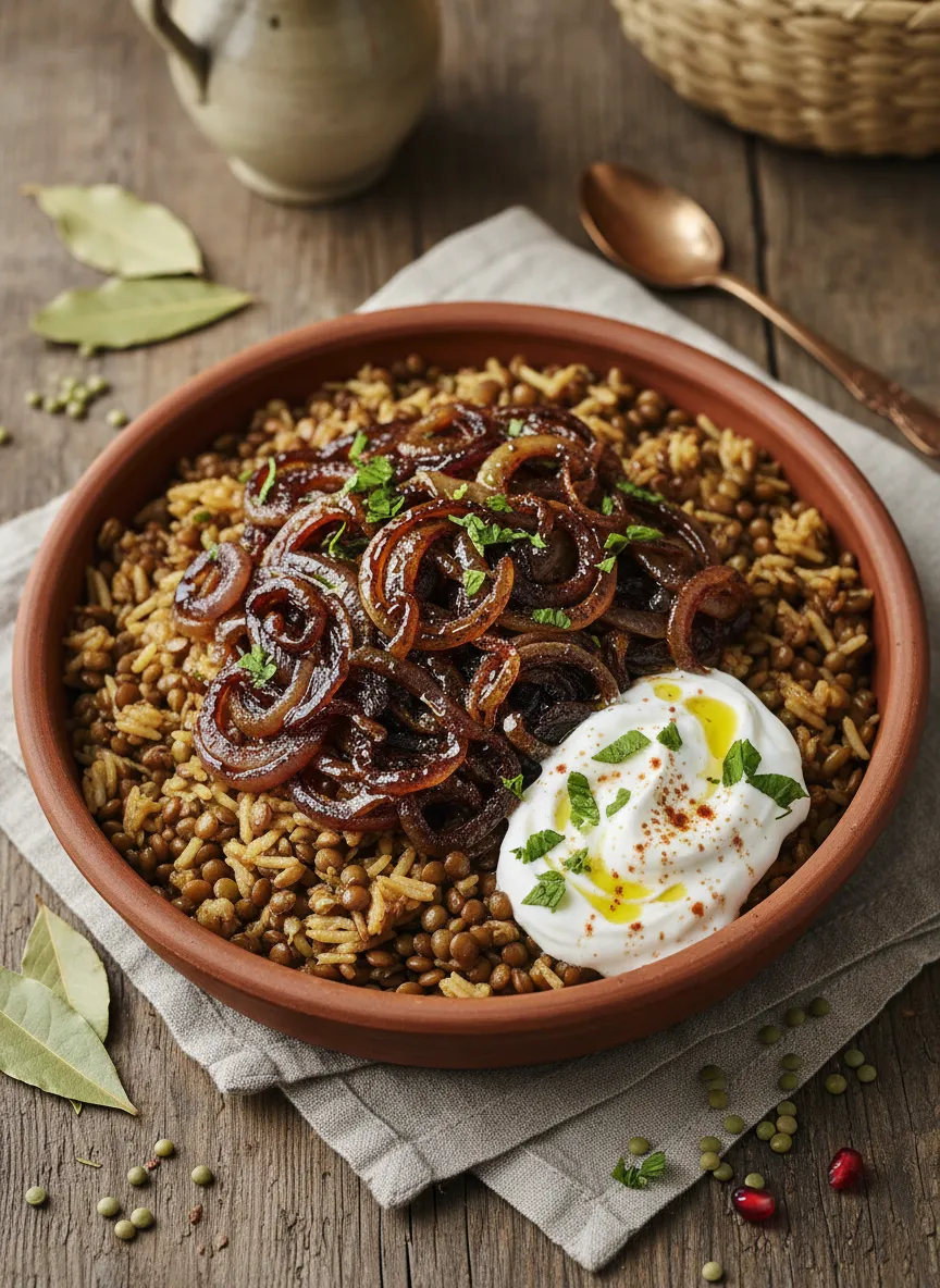 Mujadara libanesa con cebollas caramelizadas y yogur especiado
