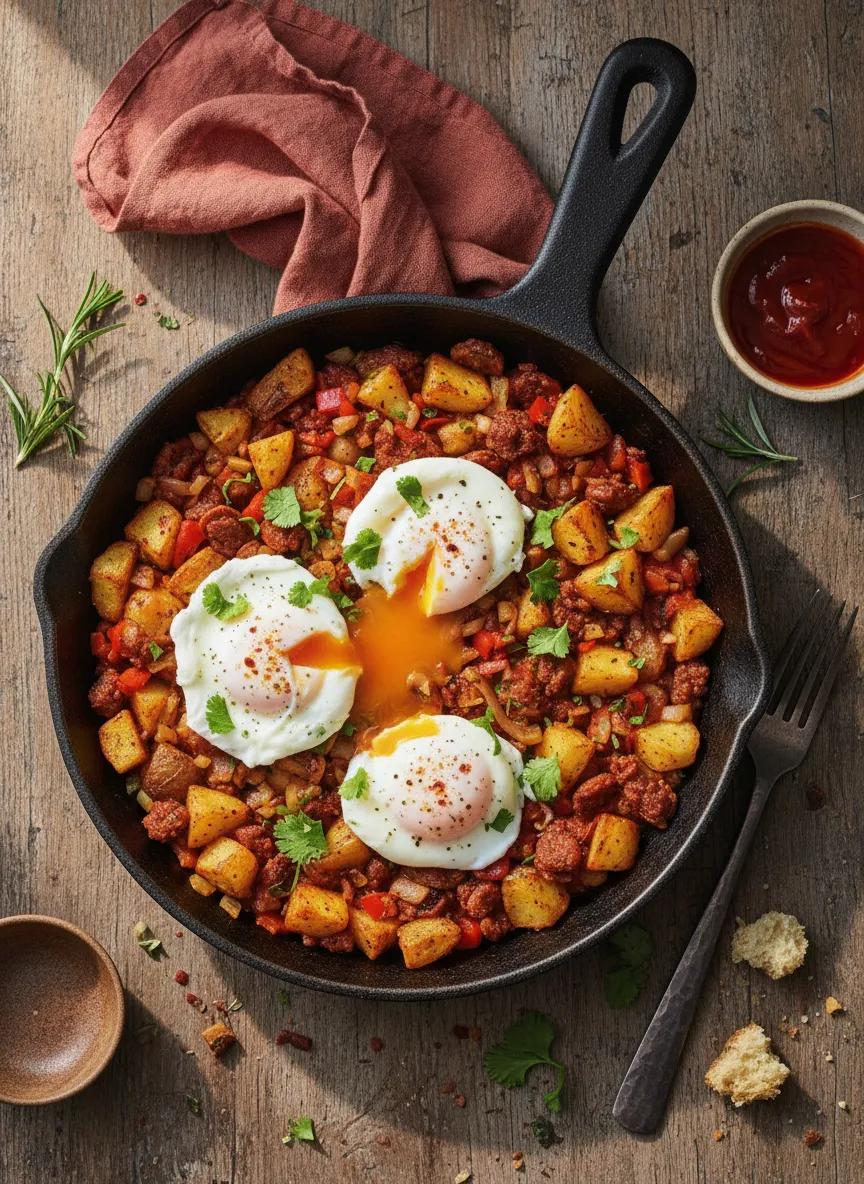 Salteado de patatas y chorizo con huevo poché