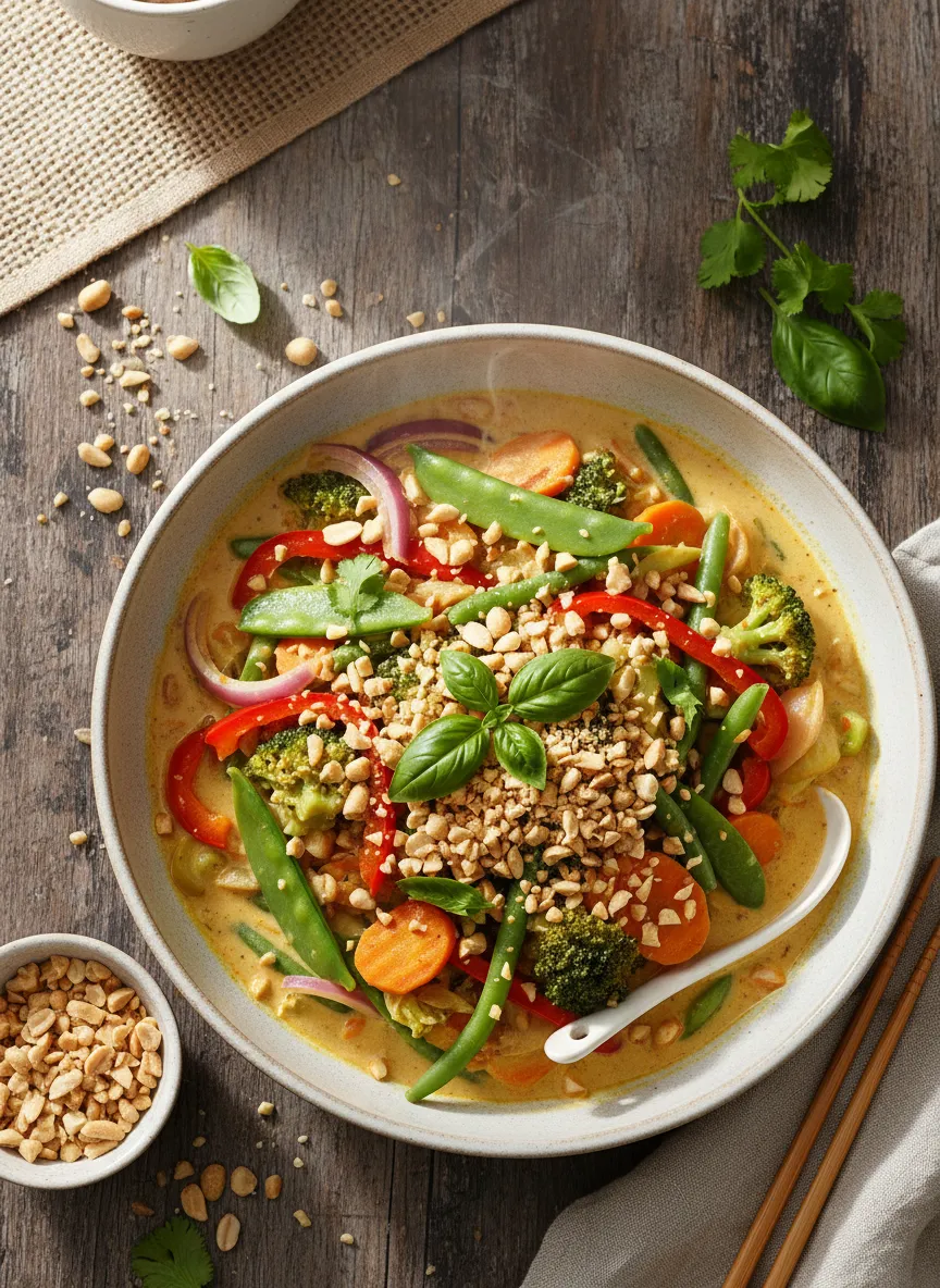 Curry tailandés de verduras y coco con cacahuetes tostados