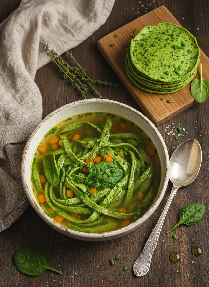 Sopa de crepes de espinacas austriaca (Flädle)