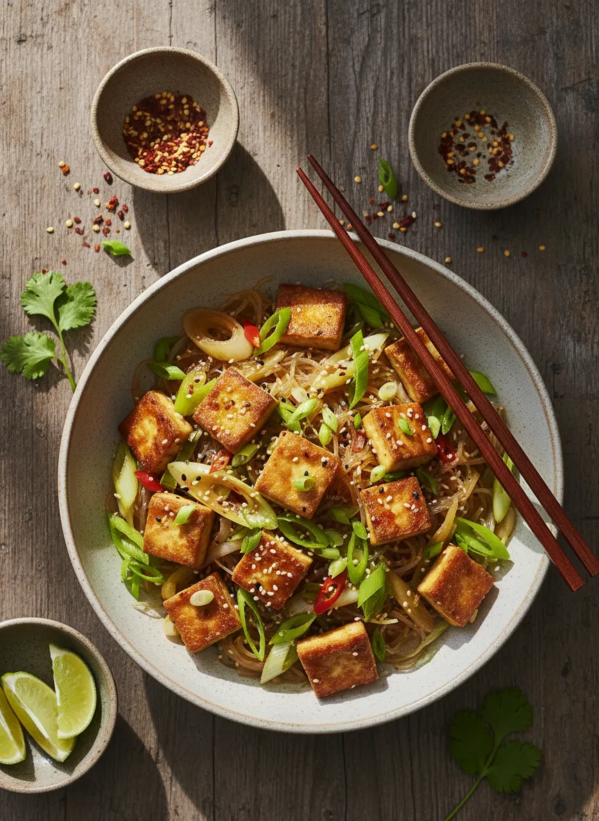 Salteado de tofu y puerro con fideos de cristal