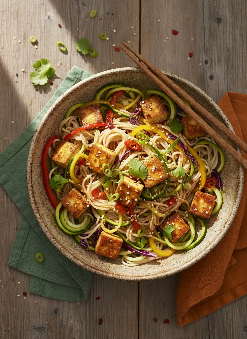 Bol de tofu y fideos de calabacín