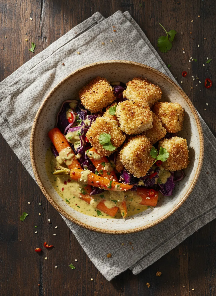 Verduras asadas con crujiente de tofu