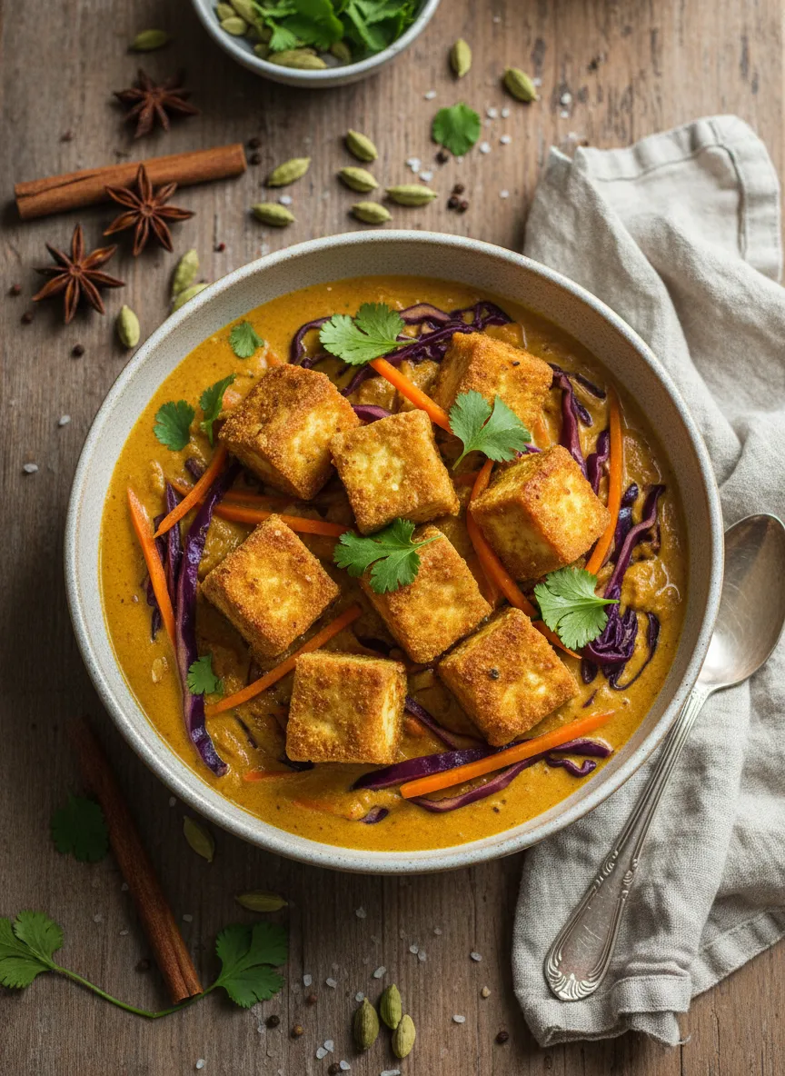 Curry de coco con tofu y col lombarda