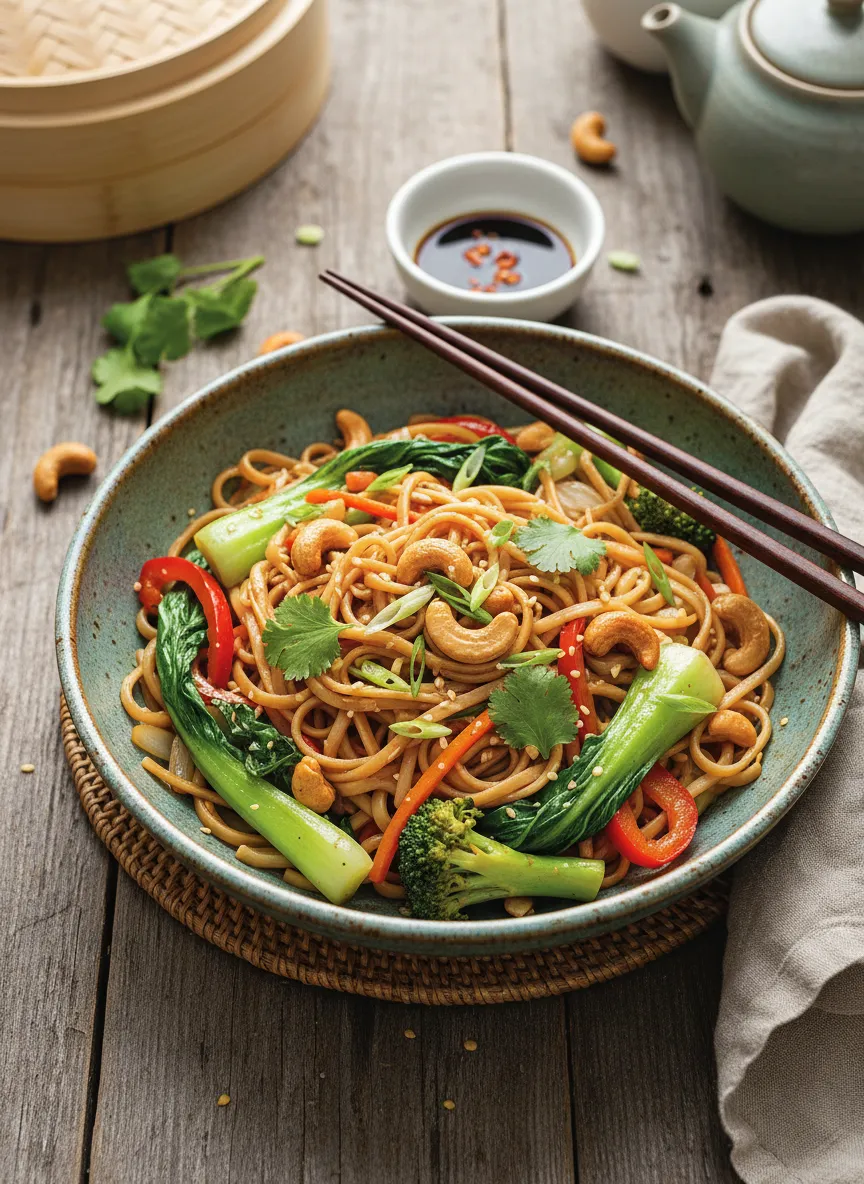 Salteado de fideos con verduras y crujiente de anacardos