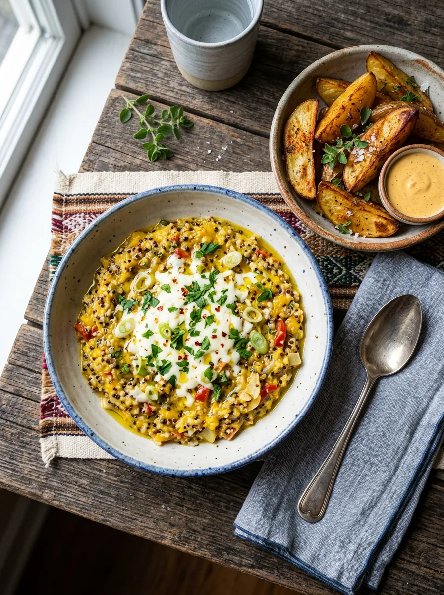 Risotto de quinoa al estilo peruano con gajos de patata crujientes