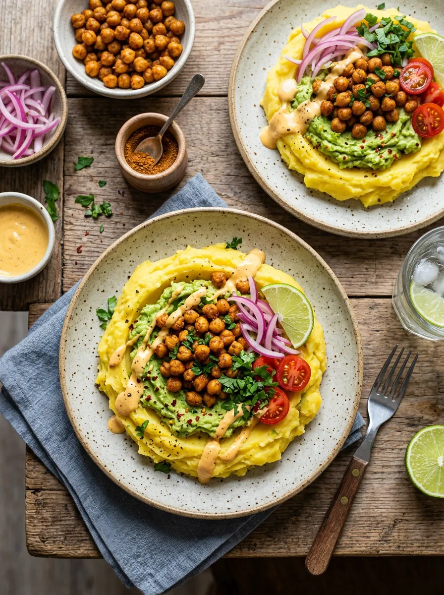 Bowls de Causa de patata al estilo peruano con garbanzos tostados