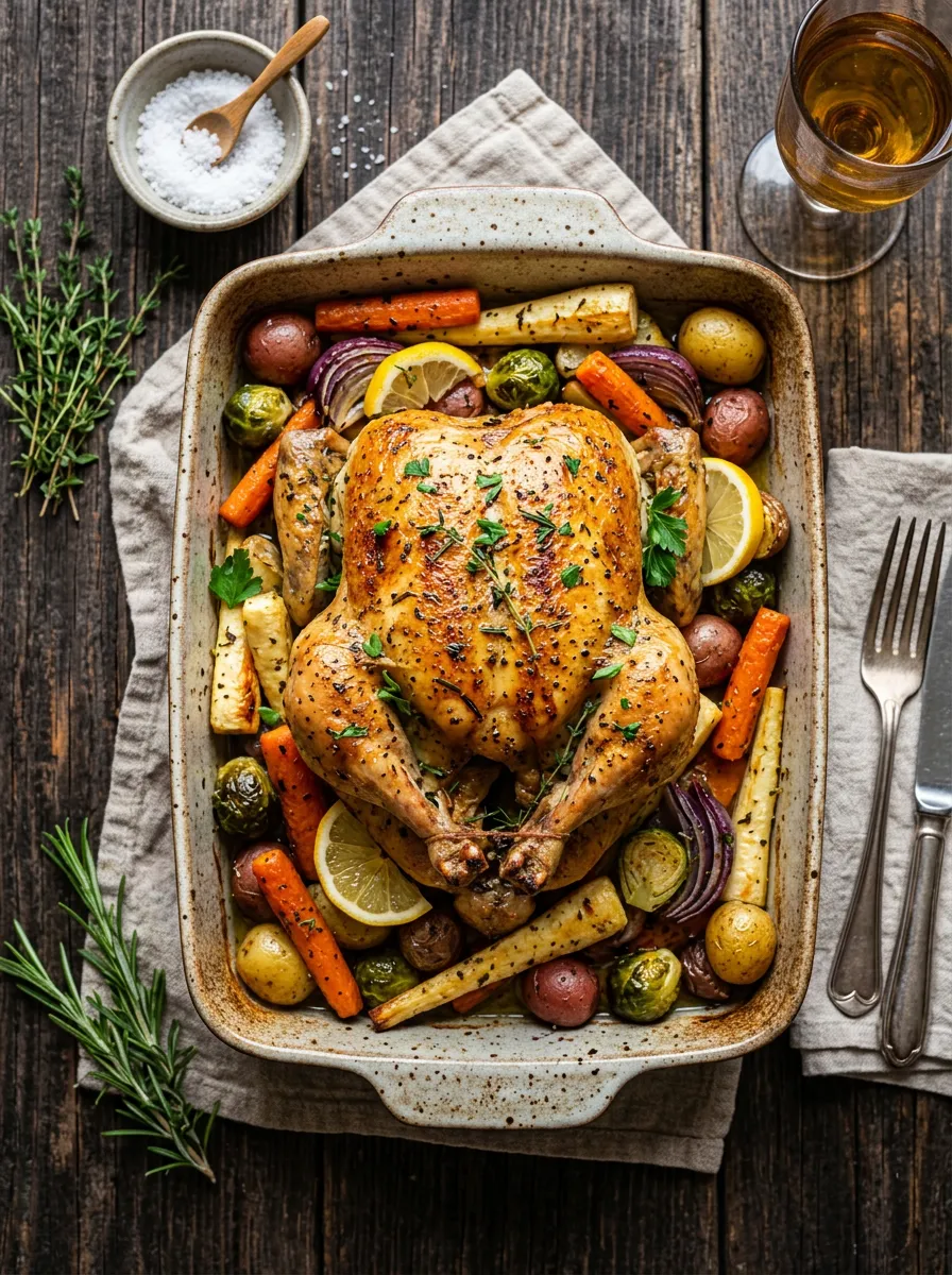 Pollo asado con hierbas, limón y verduras de raíz