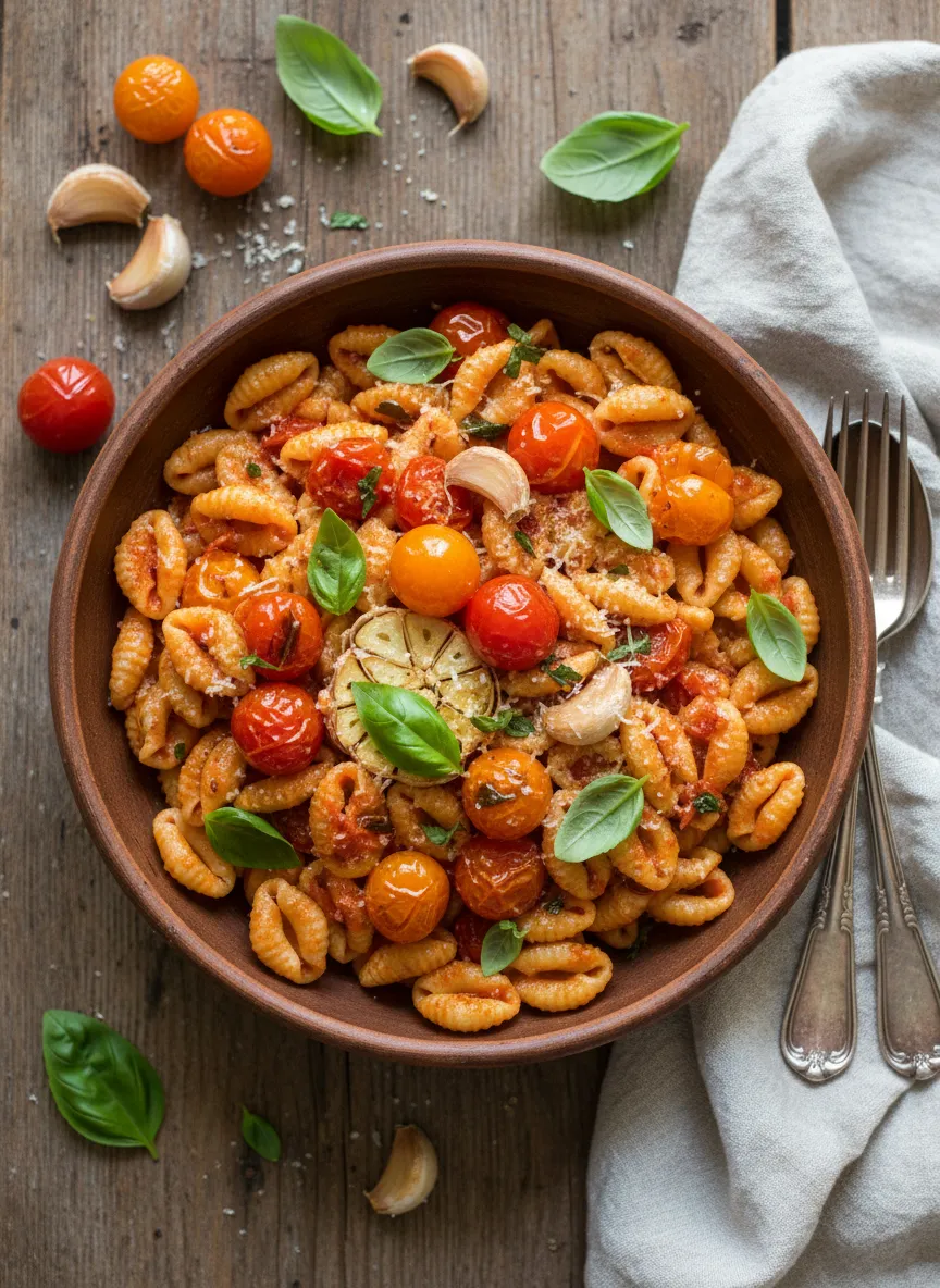 Pasta italiana con ajo asado y salsa de tomates cherry