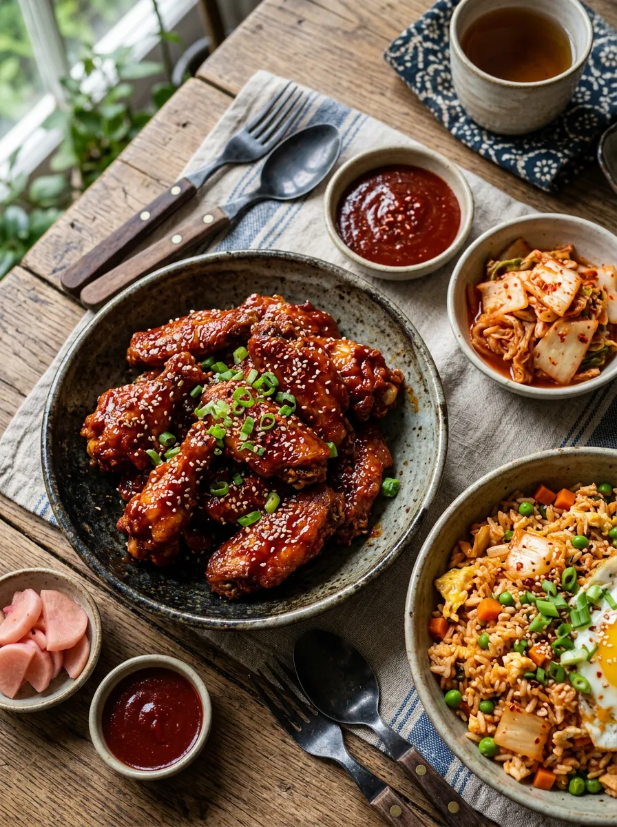 Alitas de Pollo Glaseadas con Gochujang y Arroz Frito con Kimchi