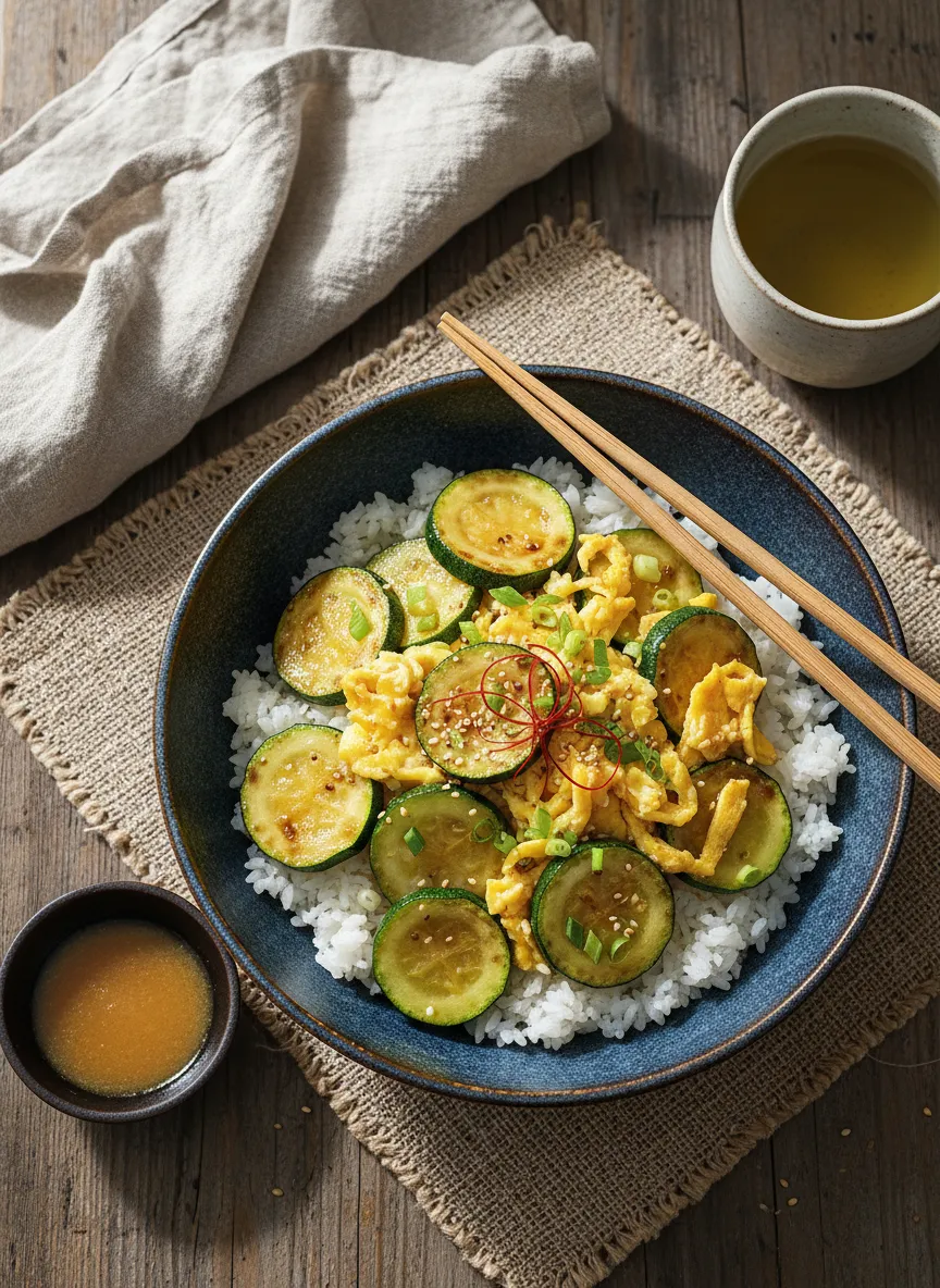Bol de arroz con calabacín y huevo